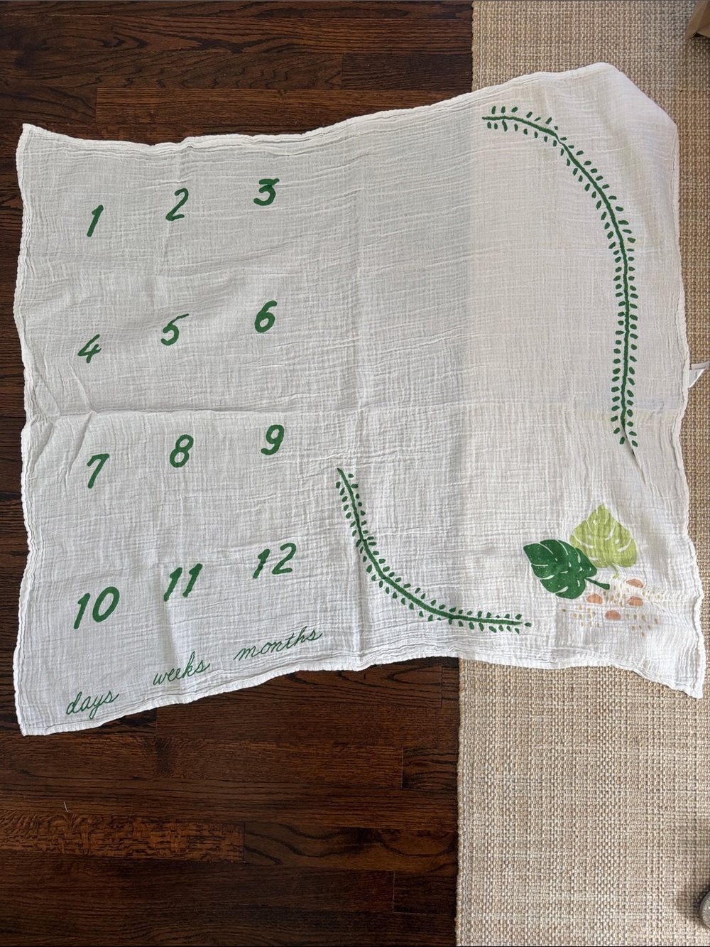 White Milestone Blanket with Green Leaf Accents